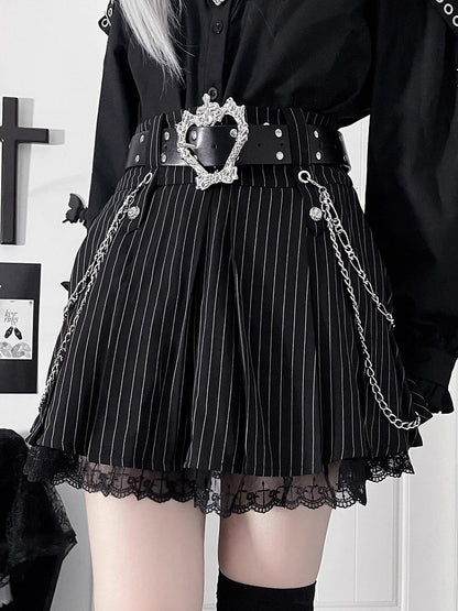 Motif Metal Pinstripe Gothic Black Lace Skirtwith HemSide Studded PUBelt Chains+Black Cross