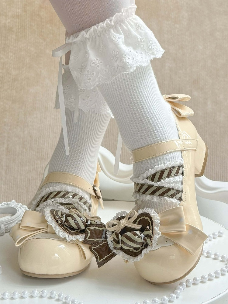 Lolita PU Mary Clip Heart Brown Leather Yellow Low-heel Janes - Candy in Sweet