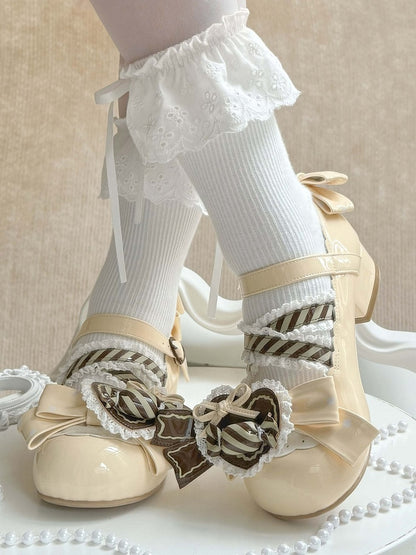 Lolita PU Mary Clip Heart Brown Leather Yellow Low-heel Janes - Candy in Sweet