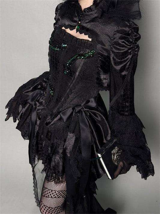 Black Corset Drawstring Boned Train Gothic Snakeskin-grain Lolita with Hem Top