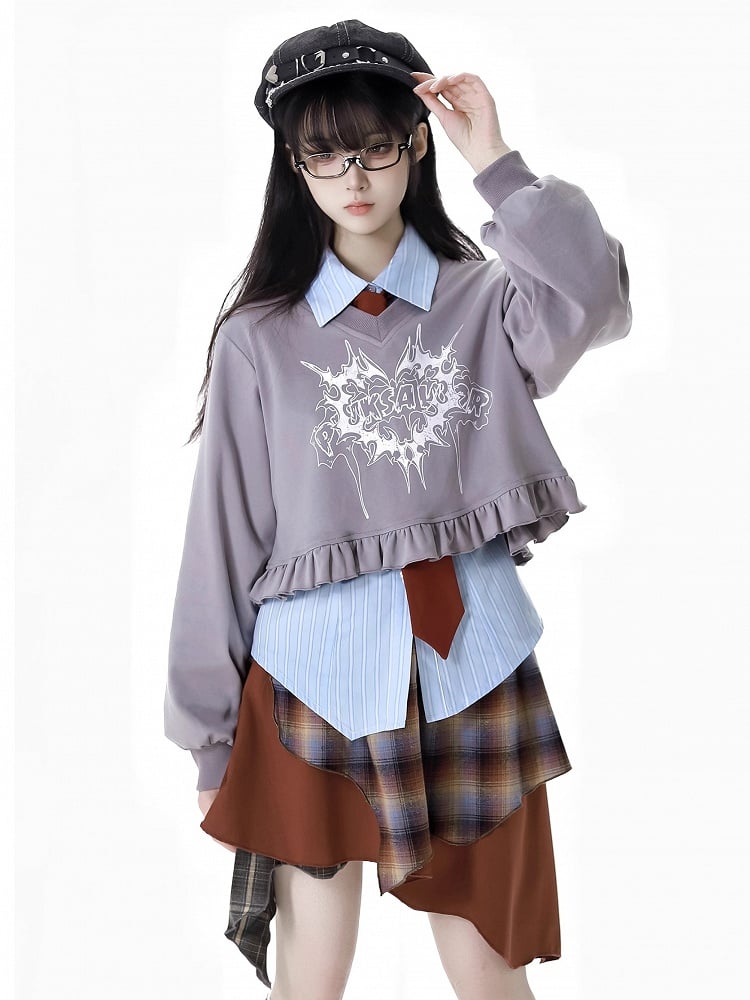 Graues, kurzes Sweatshirt mit Grafik und V-Ausschnitt, Rüschensaum