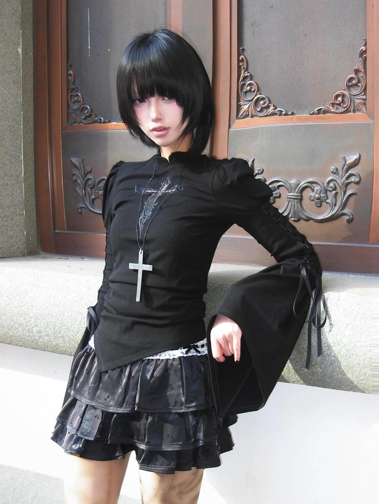 Embroidered Applique Side Top Lace-up with Bell Cross Black Sleeves