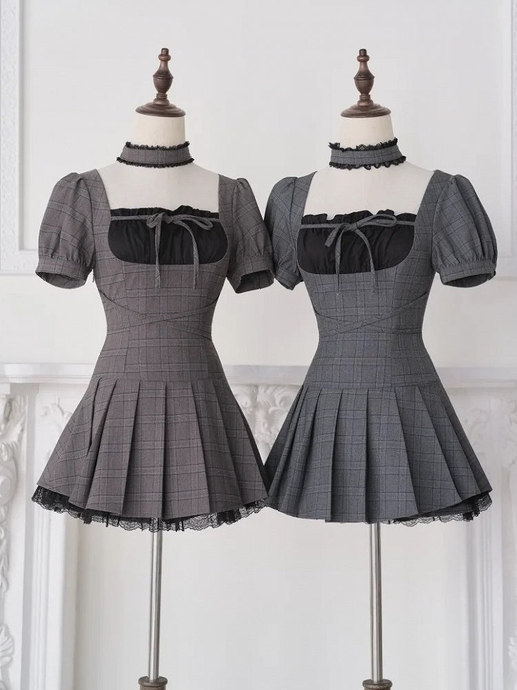 Brown Plaid Square Neck Pleated Dress Set with Choker and Shorts - No Genki