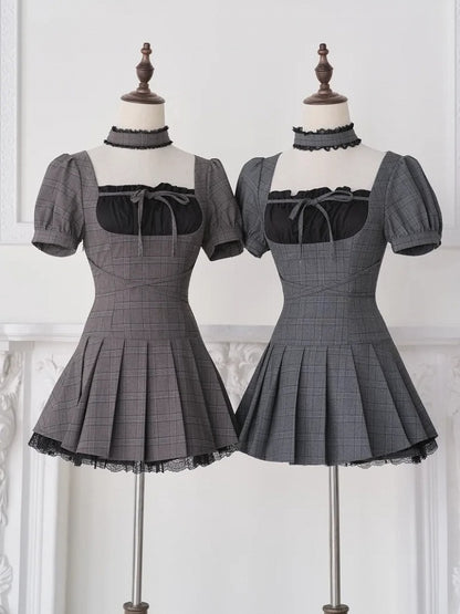 Brown Plaid Square Neck Pleated Dress Set with Choker and Shorts - No Genki