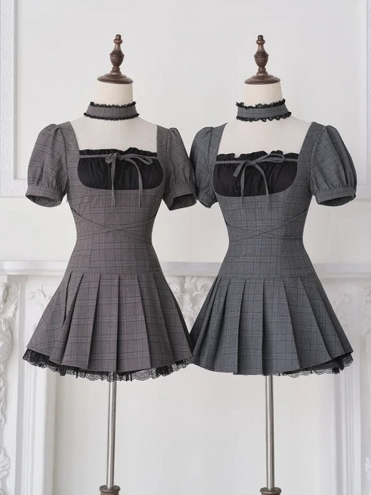 Brown Plaid Square Neck Pleated Dress Set with Choker and Shorts - No Genki