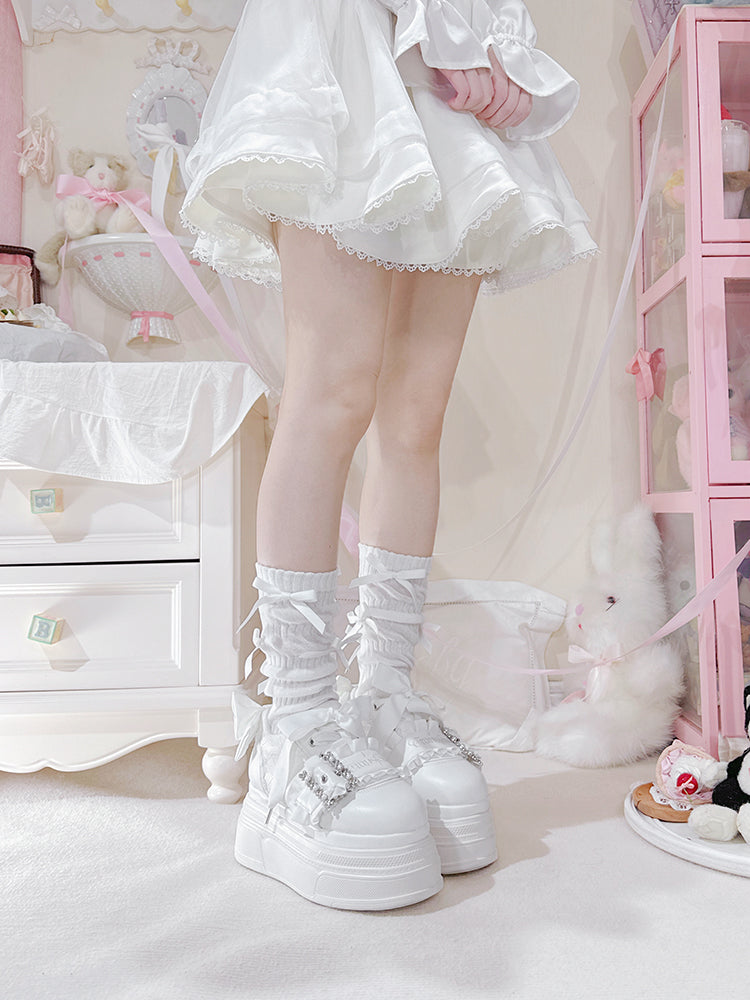 Buckle White Bow Jirai Shoes Beaded Design Kei Platforms Accents