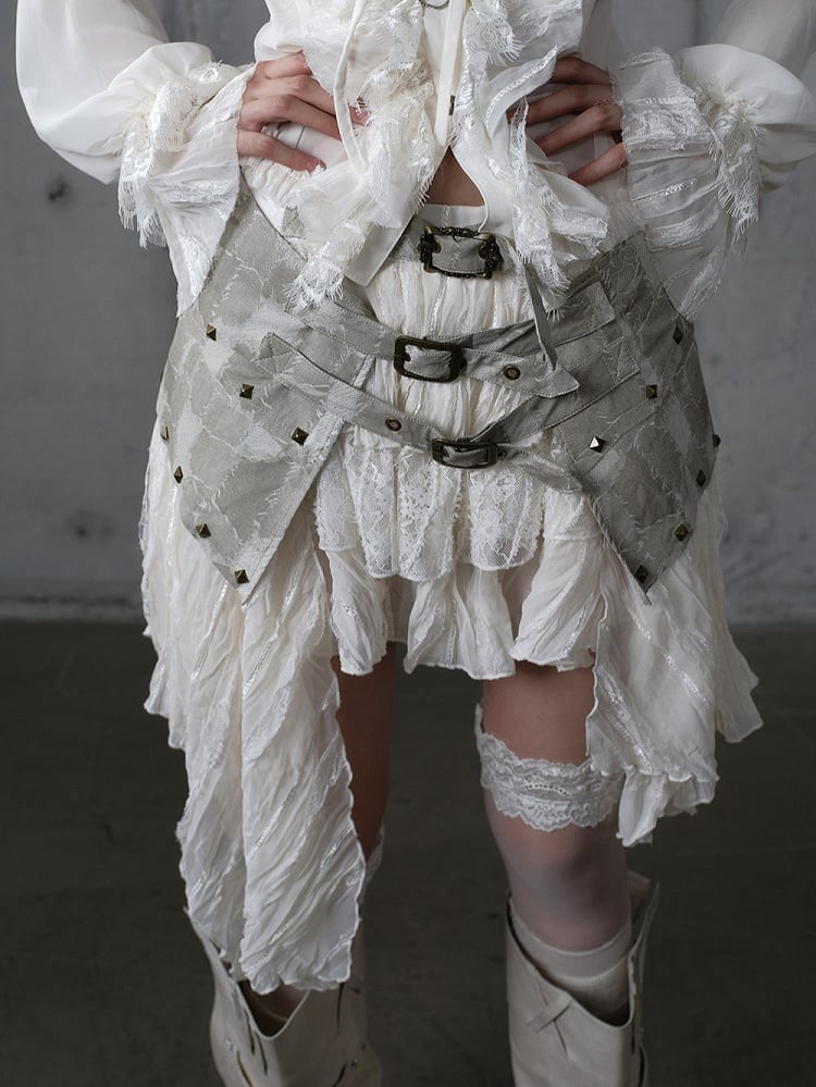 Asymmetrical Beige Punk Skirt with PU Studded Detail