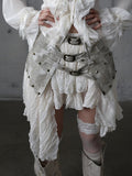 Asymmetrical Beige Punk Skirt with PU Studded Detail