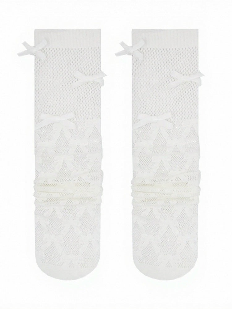 4-Color Ribbed Mesh Calf Socks with Bow Decoration - ModaSwings
