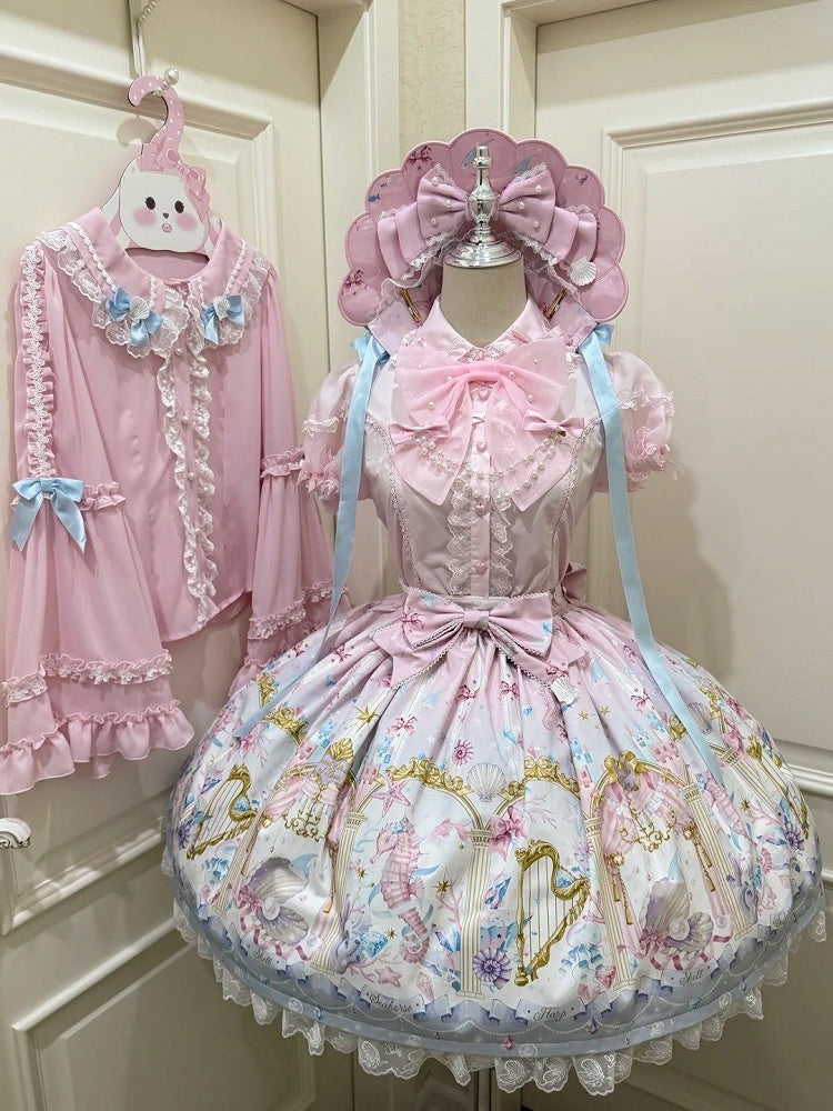 Seashell and Starfish Print Pink Sweet Lolita Skirt with Removable Straps