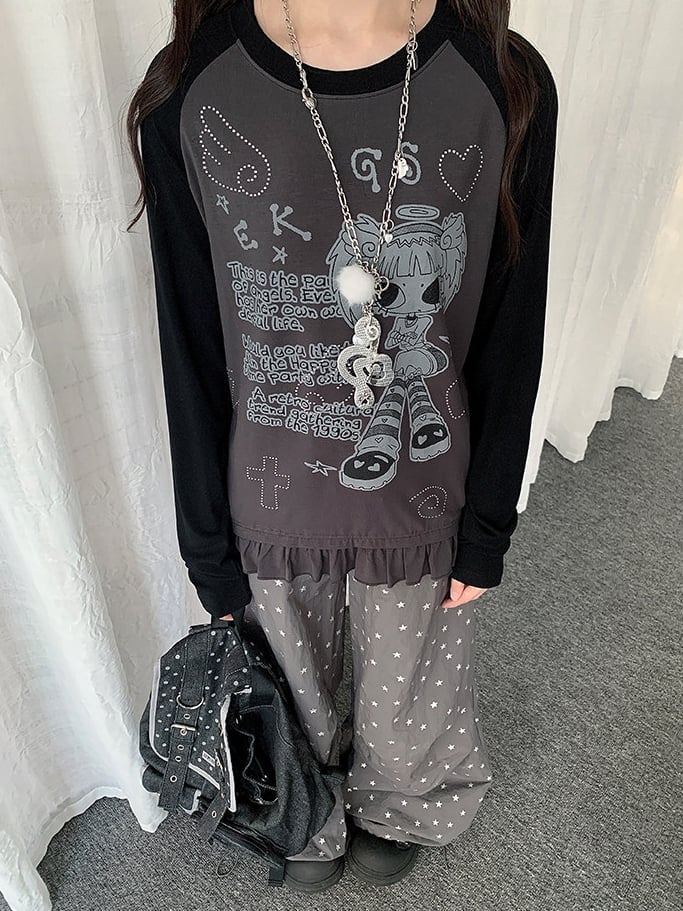 Girl Sleeve Cartoon Gray Pattern T-shirt Colorblock Long with Design