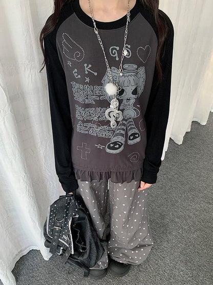 Girl Sleeve Cartoon Gray Pattern T-shirt Colorblock Long with Design