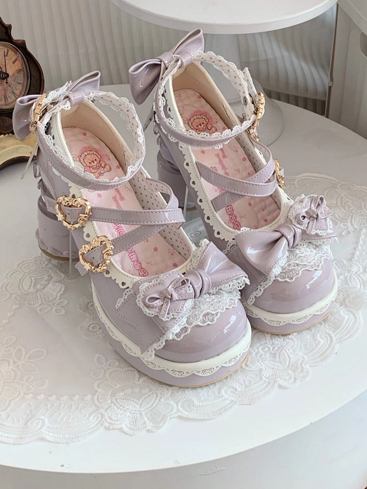 Bow Ball Mary Transparent with Platform Purple Shoes PU Heels Jane Sweet Decoration