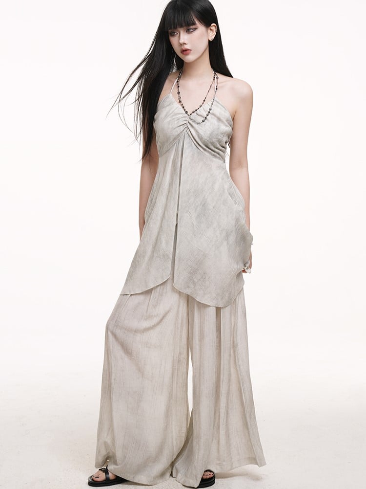 Floor Skirt-Like Wide-Leg Length Gothic with Gray Pants Drape