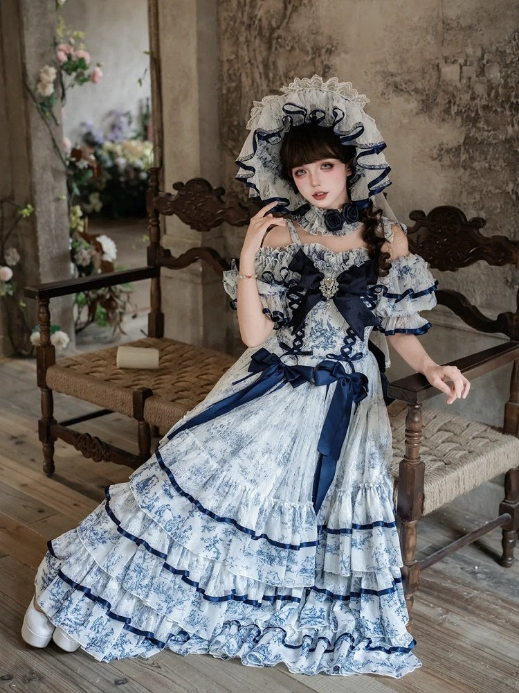 Blue & White Porcelain Print Lace Trim Bonnet with Veil - Sleepless Star