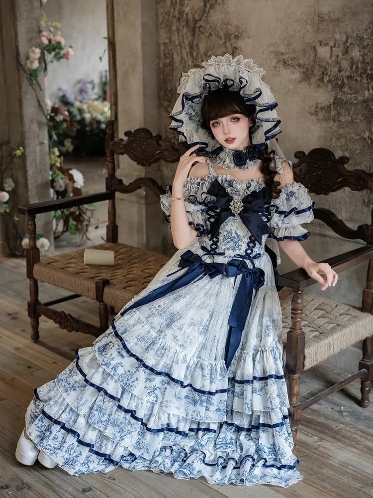 Blue and White Elegant Porcelain-Style Hanayome Multi-layered Skirt Boned Lolita Hime Dress with Bow and Lace Details - Sleepless Star