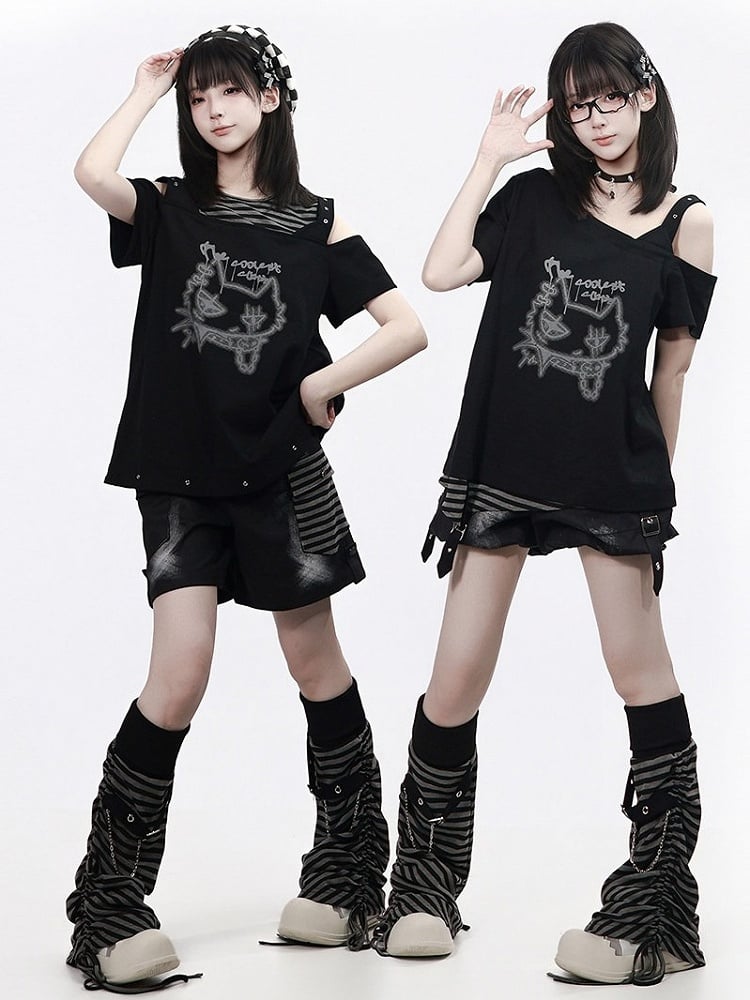 Black Bloom Shorts with Buckle Strap Detail - PINK SAVIOR