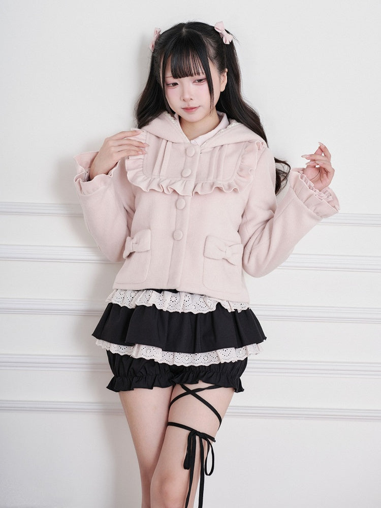 Ruffle-Trimmed Short Hooded Jacket in Pink Ryousangata Wool Blend - No Genki