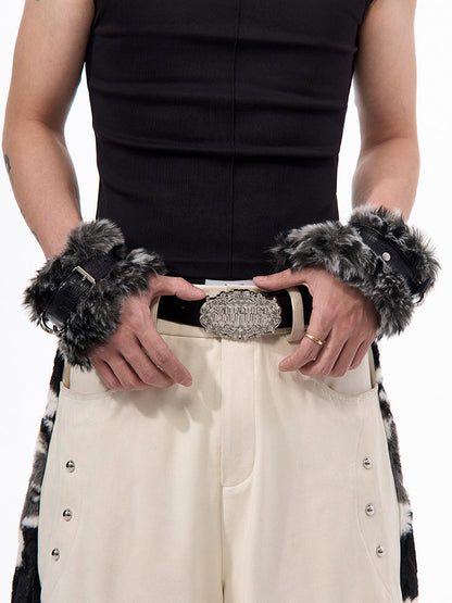 Unisex Fur Stud - Detail Patchwork Cuffs Dual Wrist Punk