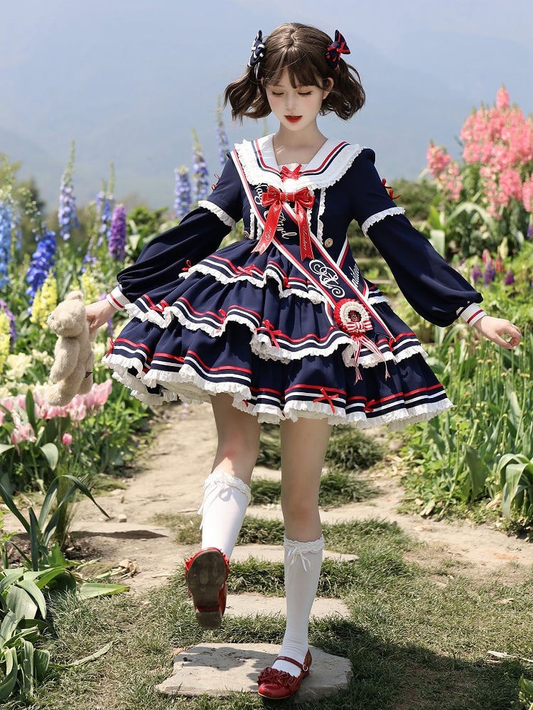 Matrosen-Set Lolita Navy Sommerkleid Rock Full OP Navycore Tiered Blue