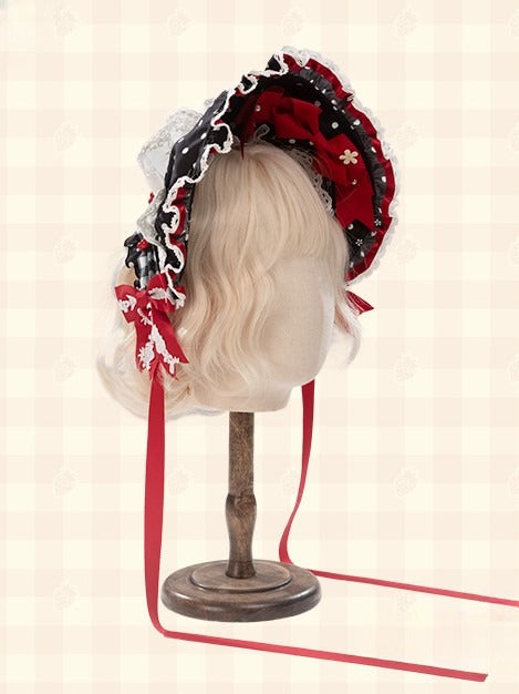 White/Black/Pink Lolita with Polka-dot Bows Bonnet Red/Red