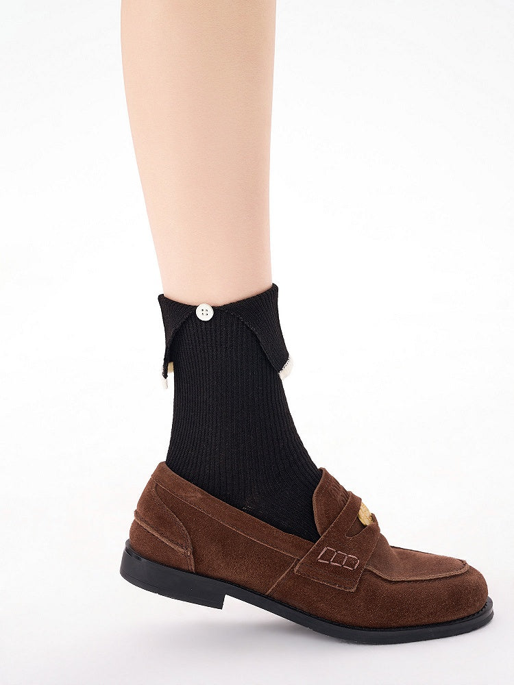 Button Detail 3-Color Socks Ankle with Knit Ribbed
