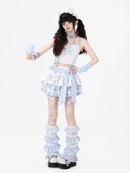 Sweet Edgy Kawaii White & Blue Tiered Skirt with Star Print and Waist Tie + Matching Leg Warmers Set - CRAZY GIRL