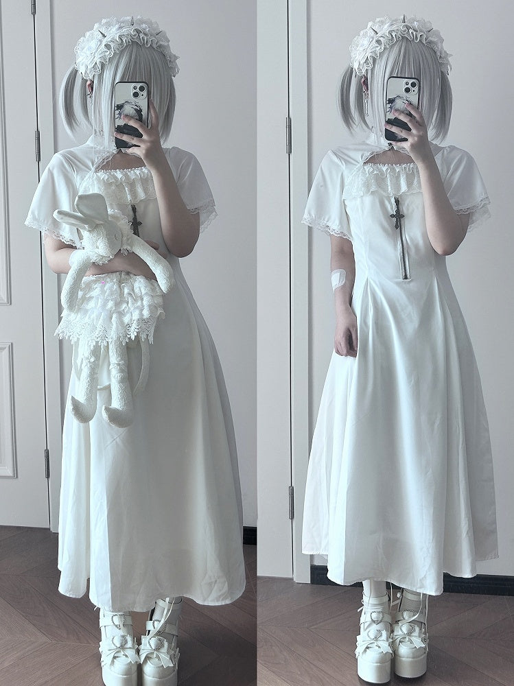 Collar Style Cross with All-White Zipper Maxi Dress Decorative Mandarin Pure