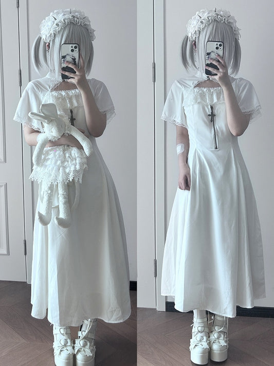 Collar Style Cross with All-White Zipper Maxi Dress Decorative Mandarin Pure