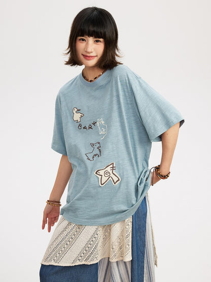 Animal Embroidery with Kawaii T-shirt Patch Decoration Blue Light