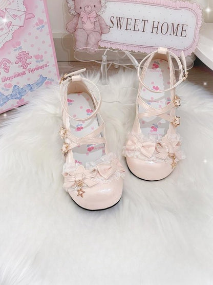 Sweet Janes Mary Lace Lolita PU with Trim in Leather Beige Mid-heel