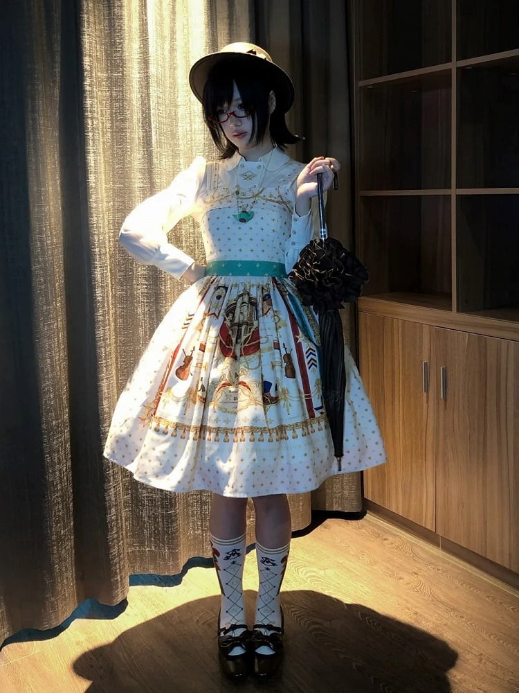 White Musical Print Elegant Lolita Jumper Skirt - Crucis Universal Tailor Company