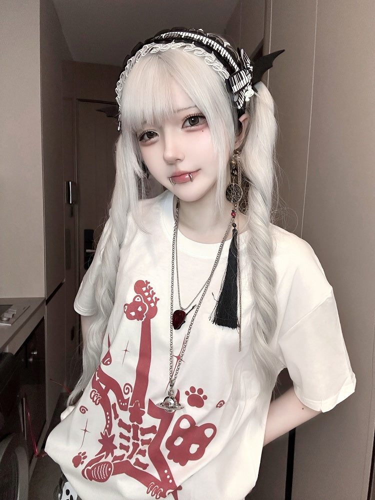 Punk Guitar Print Red Rock and Jirai Kei T-Shirt with Guitar Pick Necklace White