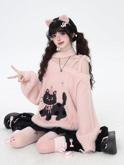 Pink/White Cozy One-Shoulder Fuzzy Balloon Sleeve Sweater with Cat and Bow Patterns