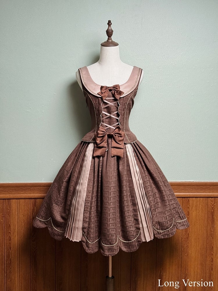 Scoop Scalloped with Dress Chocolate Lolita Edge Sweet Hem Neckline Brown
