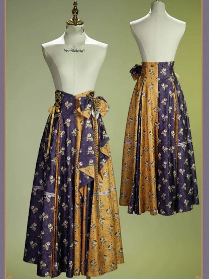 Yellow & Purple Floral Print Lace-up Straps Lolita SK Dress - Neoludwig