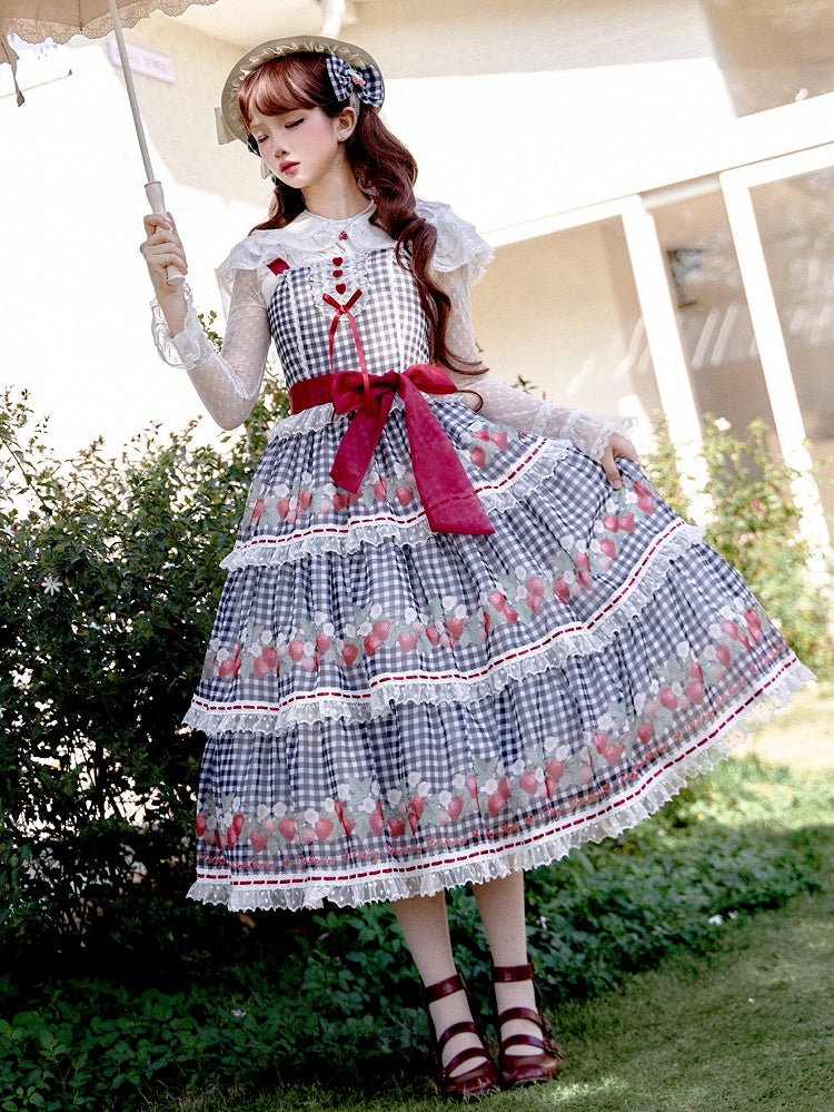Strawberry Print Black Lolita Gingham Dress Sweet Summer Lolita Jumper Skirt