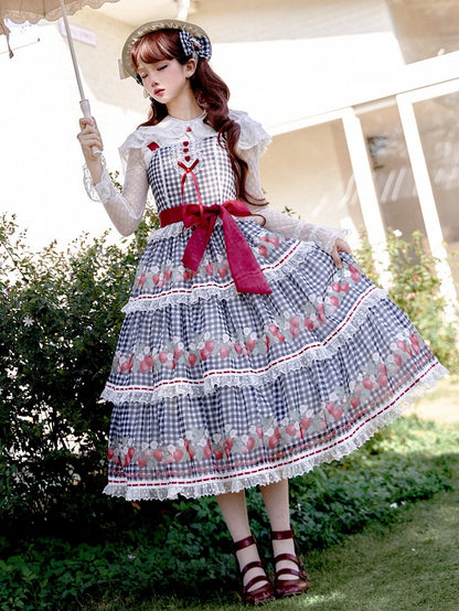 Strawberry Print Black Lolita Gingham Dress Sweet Summer Lolita Jumper Skirt