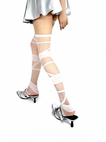 Stockings White/Black Y2K Pattern Knee Over Strap