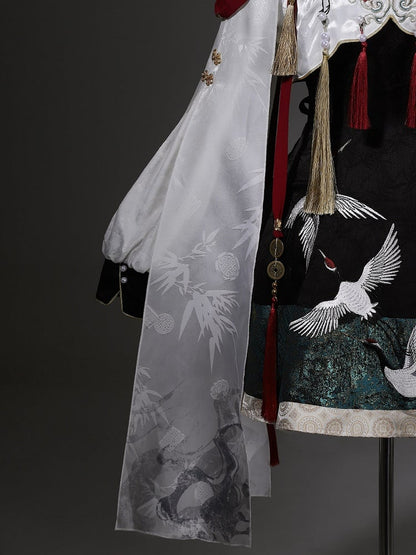 Green Chinoiserie + Balck White Cropped Crane Dress Lolita Tassel Top with Accents Embroidery