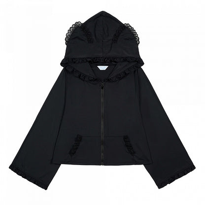 Jirai Kei Sleeves with White/Black/Blue/Pink/Gray Hooded in Baggy Kitty-Ear Long Jacket