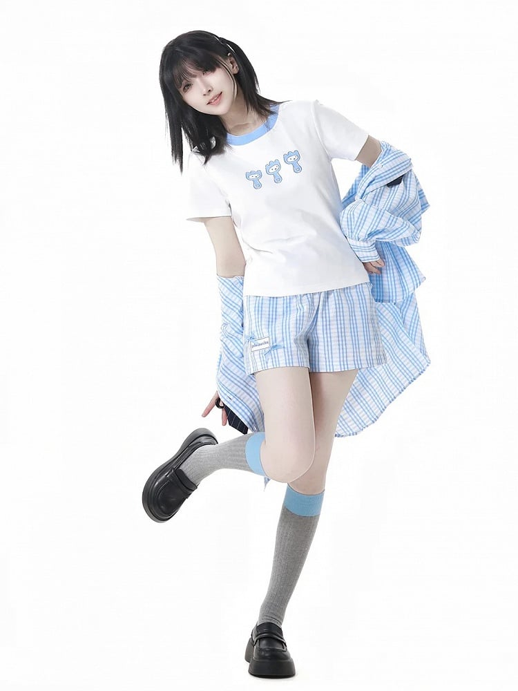 Round Neck Cute Cartoon Print T-Shirt Contrast Trim White Blue