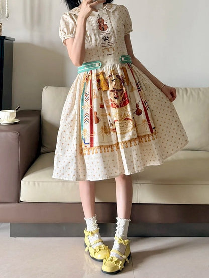 Short White Musical Print Peter Pan Collar OP Dress with Tassels - Crucis Universal Tailor Company