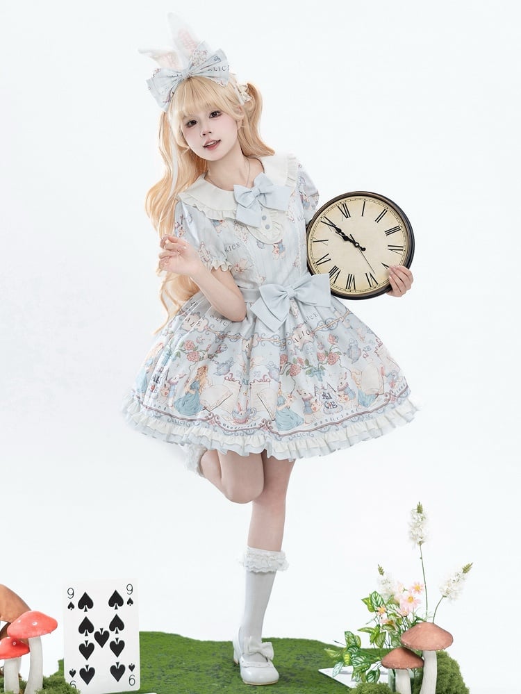 Dress Print One Piece Peter Sweet Blue Light in Wonderland Pan Theme Alice Lolita Collar