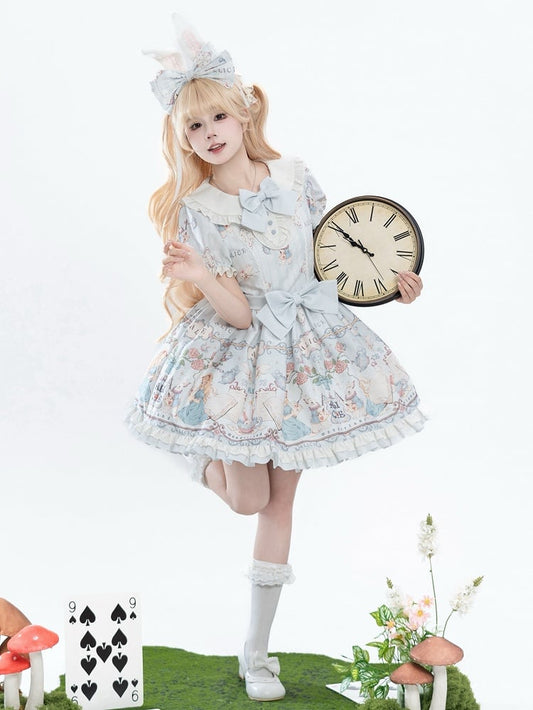Dress Print One Piece Peter Sweet Blue Light in Wonderland Pan Theme Alice Lolita Collar