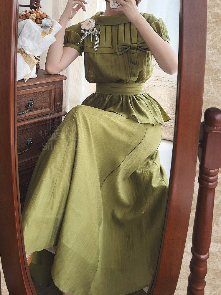 Chic Forest Green Summer Two-Piece with Bow Accents and Frilled Trim - Forest Wardrobe