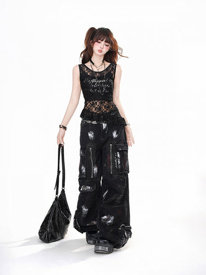 ブラック/ホワイト クロップドキャミトップとレースフリルトリムのベストセット