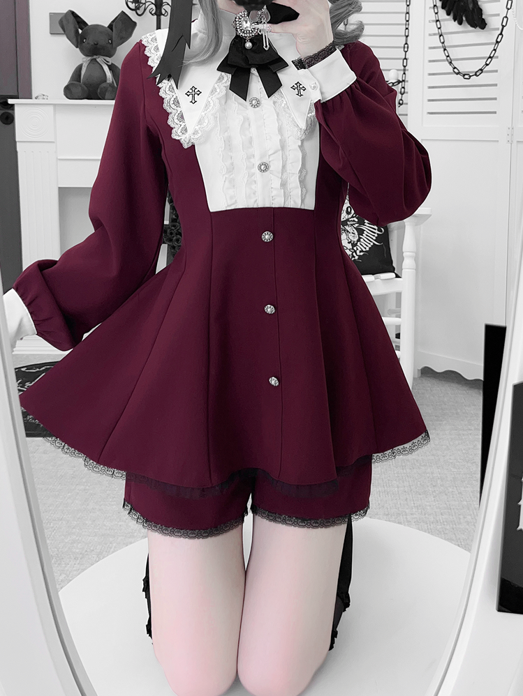Deep Red Embroidered Set: Pointed with Kei Wine Collar Full Cross Jirai Dress