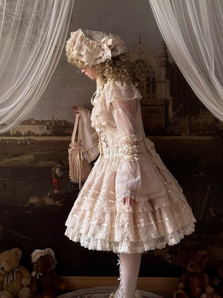 Retro Beige Lolita Lace Gown with Satin Ribbon Accents - Twin Bear Original Design
