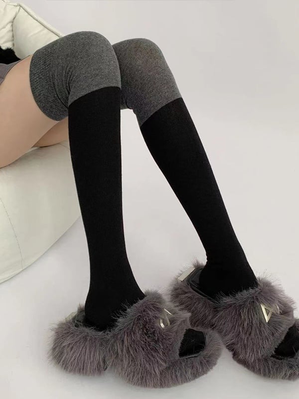 Cute Gray Extended Knee Dark Gray/Black/Black Stockings Over